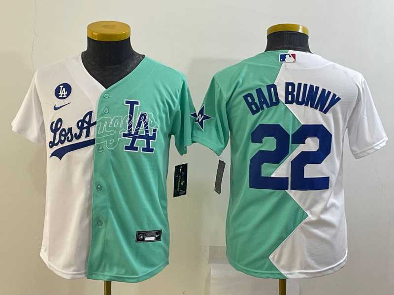 Youth Los Angeles Dodgers #22 Bad Bunny White Green Two Tone 2022 Celebrity Softball Game Cool Base Jersey->mlb youth jerseys->MLB Jersey